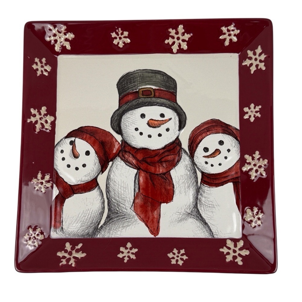St. Nicholas Square Snowman Cookie Serving Plate - Red/White/Black EUC
